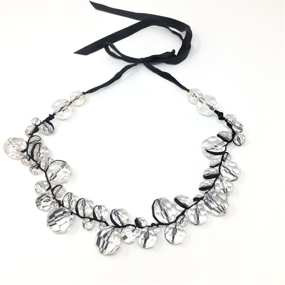 Clear Acrylic Glass Faceted Knotted Bead Necklace on Satin Cord